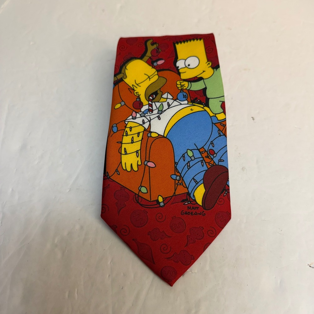 The Simpsons Mens Christmas Tie Homer Bart Red Holiday Necktie 2007 Fox RN 82457